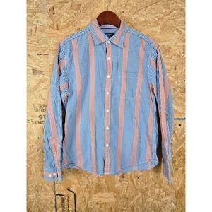 Peter England‎ Casuals XL Blue Orange Gingham Check Striped Long Sleeve Shirt